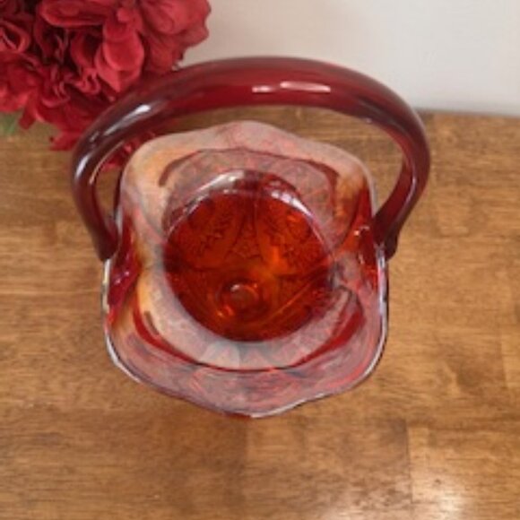 Indiana Glass Ruby Red Carnival Glass Basket Vintage Diamond Point Sunburst Hand - Picture 3 of 6
